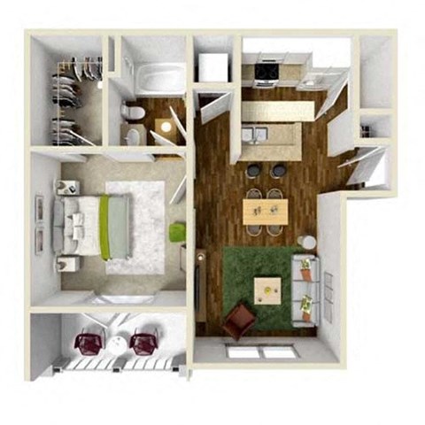 Floor plan for 1 bed, 1 bath, 721 sqft